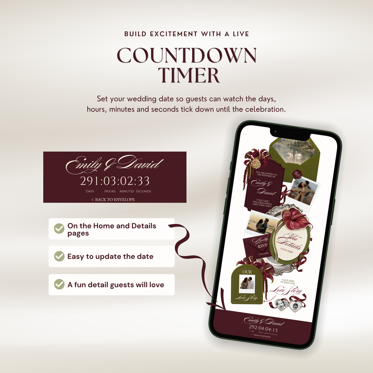A burgundy countdown banner reading 'Emily & David' with days, hours, minutes and seconds, next to a smartphone showing the countdown at the bottom of the wedding invitation page. Text reads 'Countdown Timer', 'On the Home and Details pages' and 'Easy to update the date'.