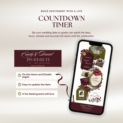 A burgundy countdown banner reading 'Emily & David' with days, hours, minutes and seconds, next to a smartphone showing the countdown at the bottom of the wedding invitation page. Text reads 'Countdown Timer', 'On the Home and Details pages' and 'Easy to update the date'.