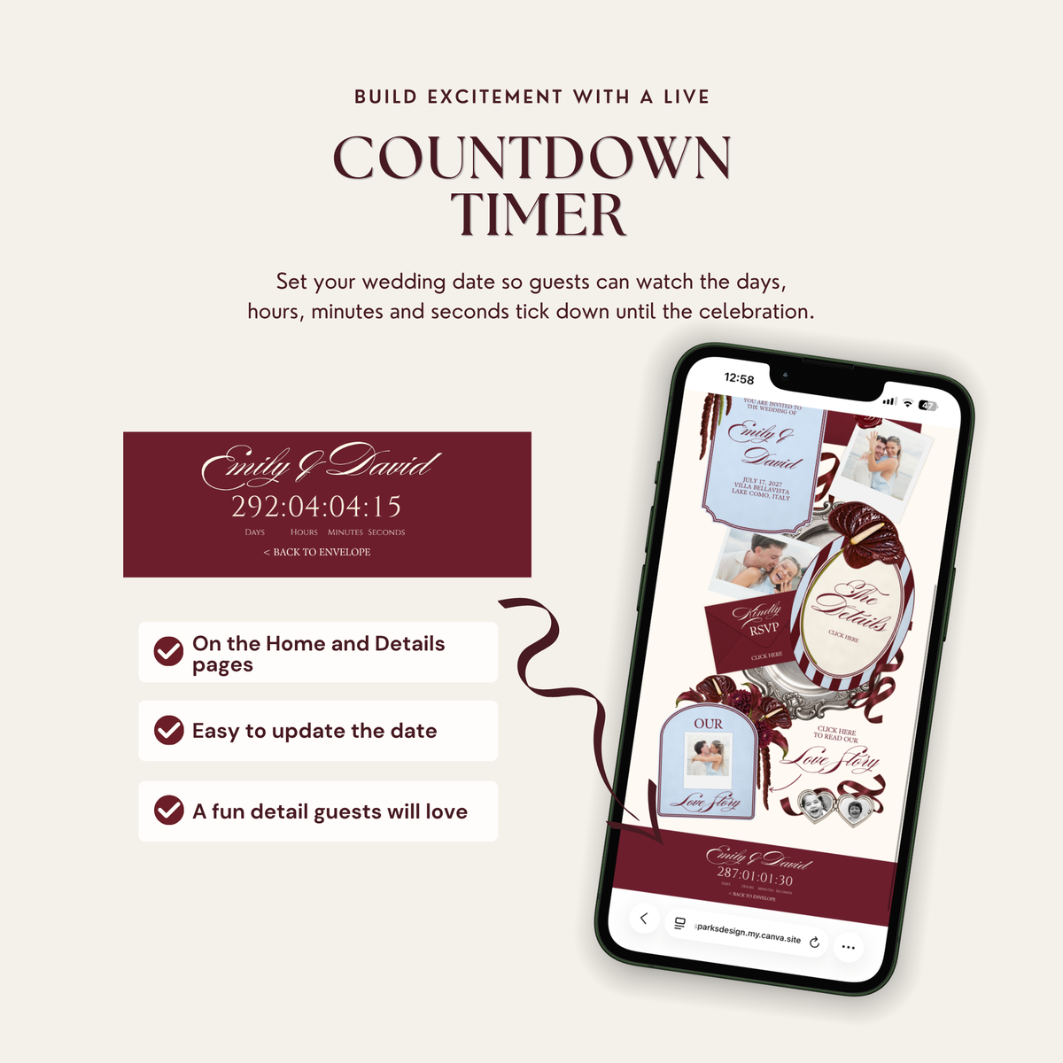 Burgundy & Dusty Blue Wedding Website Template with RSVP & Countdown