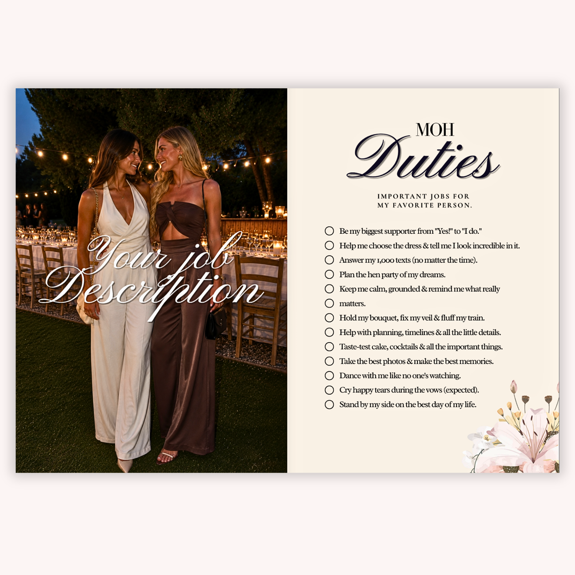 The duties job description spread from the Maid of Honor proposal magazine template
