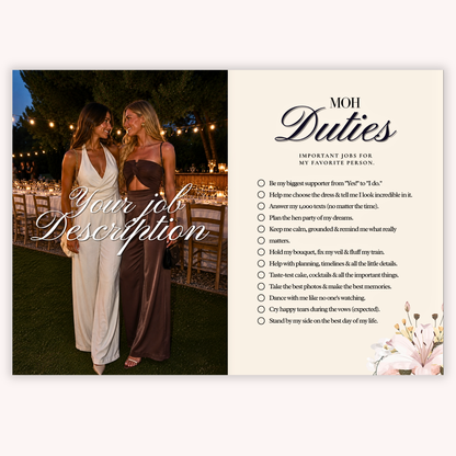 The duties job description spread from the Maid of Honor proposal magazine template