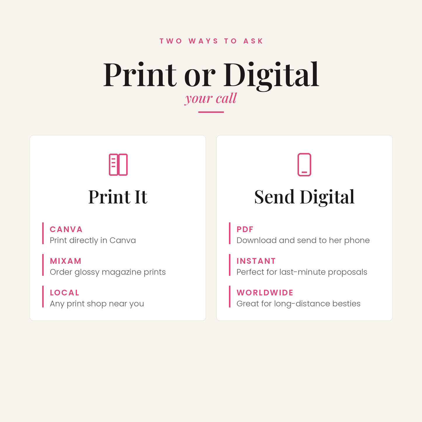 Print and digital options for the Maid of Honor proposal magazine template