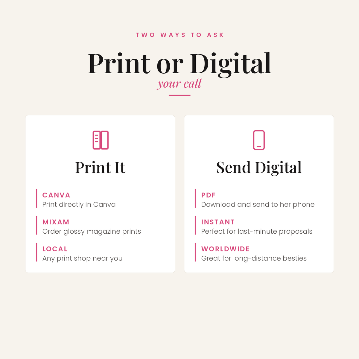 Print and digital options for the Bridesmaid proposal magazine template