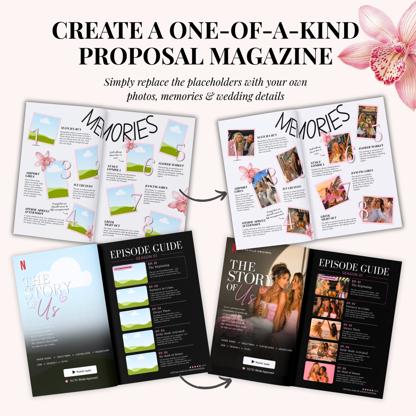 The Maid of Honor proposal magazine template shown before and after personalising