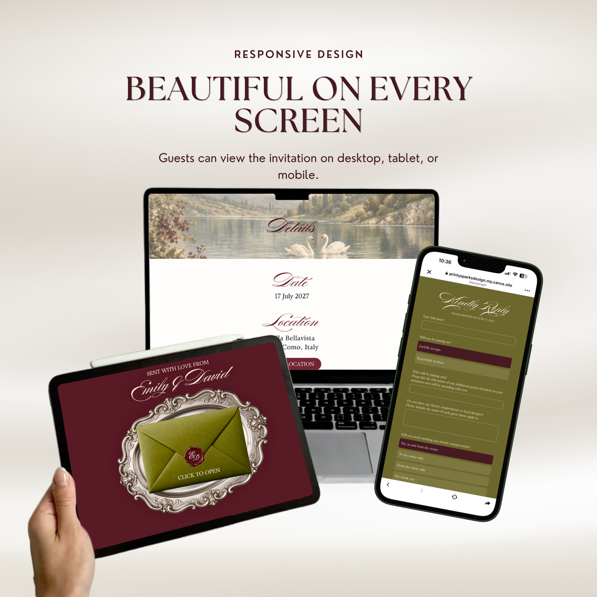 A tablet held in one hand showing the click-to-open envelope page, in front of a laptop displaying the swan lake details page and a smartphone showing the olive RSVP form. Text reads 'Beautiful on Every Screen' and 'Guests can view the invitation on desktop, tablet, or mobile'.