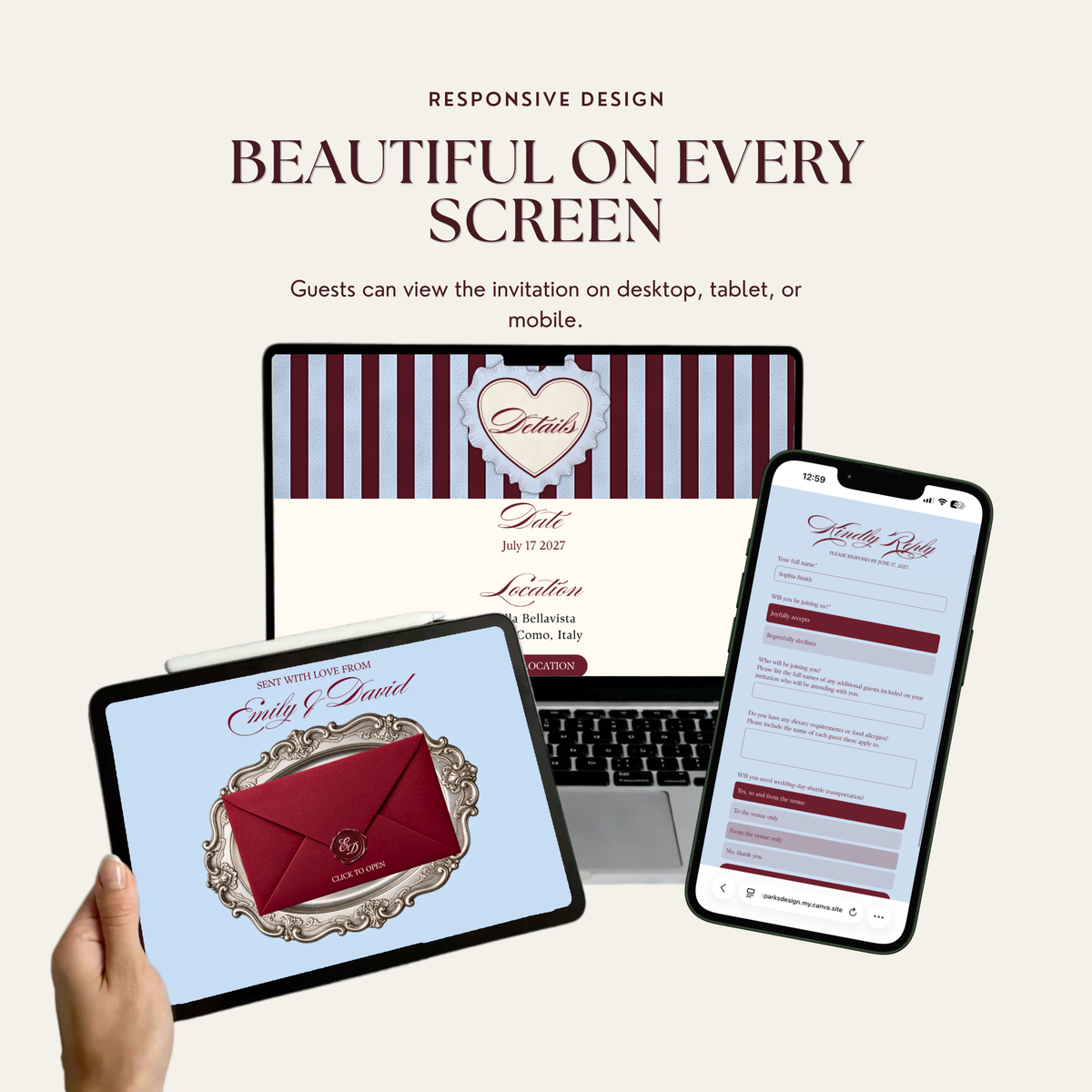 A tablet held in one hand showing the burgundy envelope on a dusty blue background, in front of a laptop displaying the striped details page and a smartphone showing the blue RSVP form. Text reads 'Beautiful on Every Screen' and 'Guests can view the invitation on desktop, tablet, or mobile'.