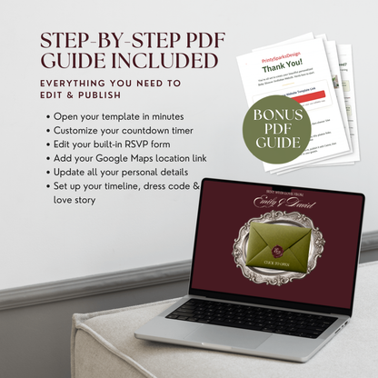 A laptop on a cushioned seat showing the click-to-open envelope page of the wedding website, next to a stack of PDF guide pages with a 'Bonus PDF Guide' badge. Text reads 'Step-by-Step PDF Guide Included' and lists steps such as customizing the countdown timer and adding a Google Maps location link.