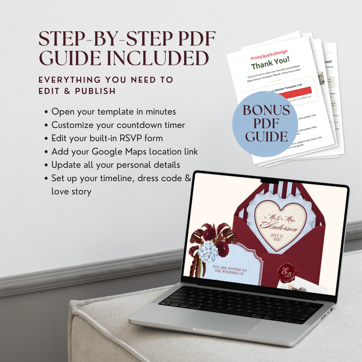 A laptop on a cushioned seat showing the burgundy envelope and dusty blue invitation of the wedding website, next to PDF guide pages with a blue 'Bonus PDF Guide' badge. Text reads 'Step-by-Step PDF Guide Included' and lists steps such as customizing the countdown timer and adding a Google Maps location link.