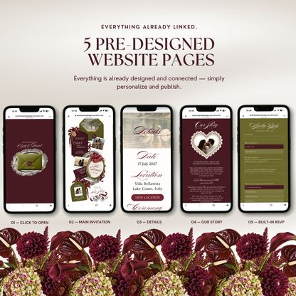 Five smartphones in a row showing each page of a burgundy and olive wedding website, labeled 'Click to Open', 'Main Invitation', 'Details', 'Our Story' and 'Built-in RSVP', above a border of burgundy anthurium, dahlia and hydrangea flowers. Text reads '5 Pre-Designed Website Pages'.