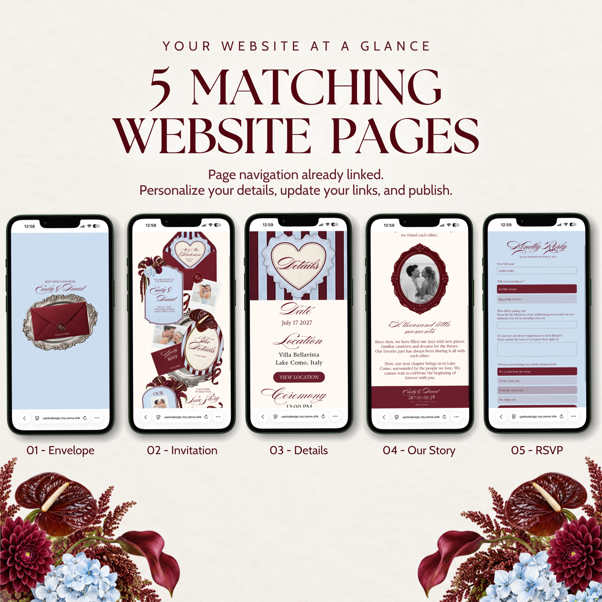 Five smartphones in a row showing each page of a burgundy and dusty blue wedding website, labeled 'Envelope', 'Invitation', 'Details', 'Our Story' and 'RSVP', above burgundy anthurium, dahlia and blue hydrangea flowers. Text reads '5 Matching Website Pages' and 'Page navigation already linked'.