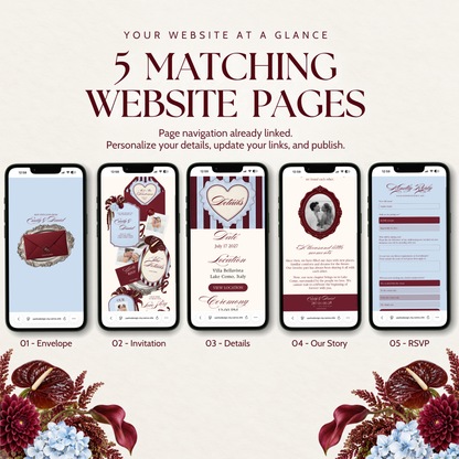 Five smartphones in a row showing each page of a burgundy and dusty blue wedding website, labeled 'Envelope', 'Invitation', 'Details', 'Our Story' and 'RSVP', above burgundy anthurium, dahlia and blue hydrangea flowers. Text reads '5 Matching Website Pages' and 'Page navigation already linked'.