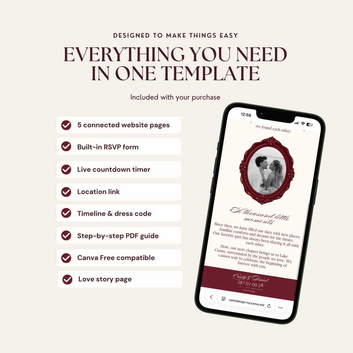 A smartphone showing a love story page with a black-and-white couple photo in an ornate burgundy frame and a burgundy countdown footer, beside a checklist. Text reads 'Everything You Need in One Template', with items including '5 connected website pages', 'Built-in RSVP form' and 'Love story page'.